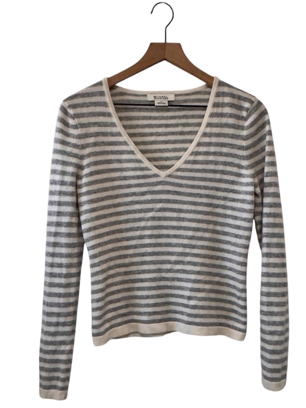 MICHAEL Michael Kors Gray White Striped V Neck Cashmere Sweater